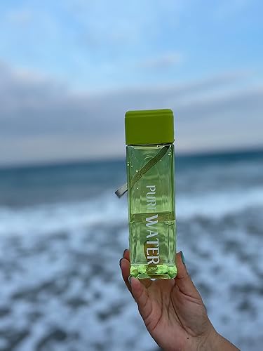 Miniatura 5 de Botella de agua cuadrada pequeña de 16 onzas, transparente con cuerda, perfecta para deportes, gimnasio y trabajo, 16 onzas (verde)