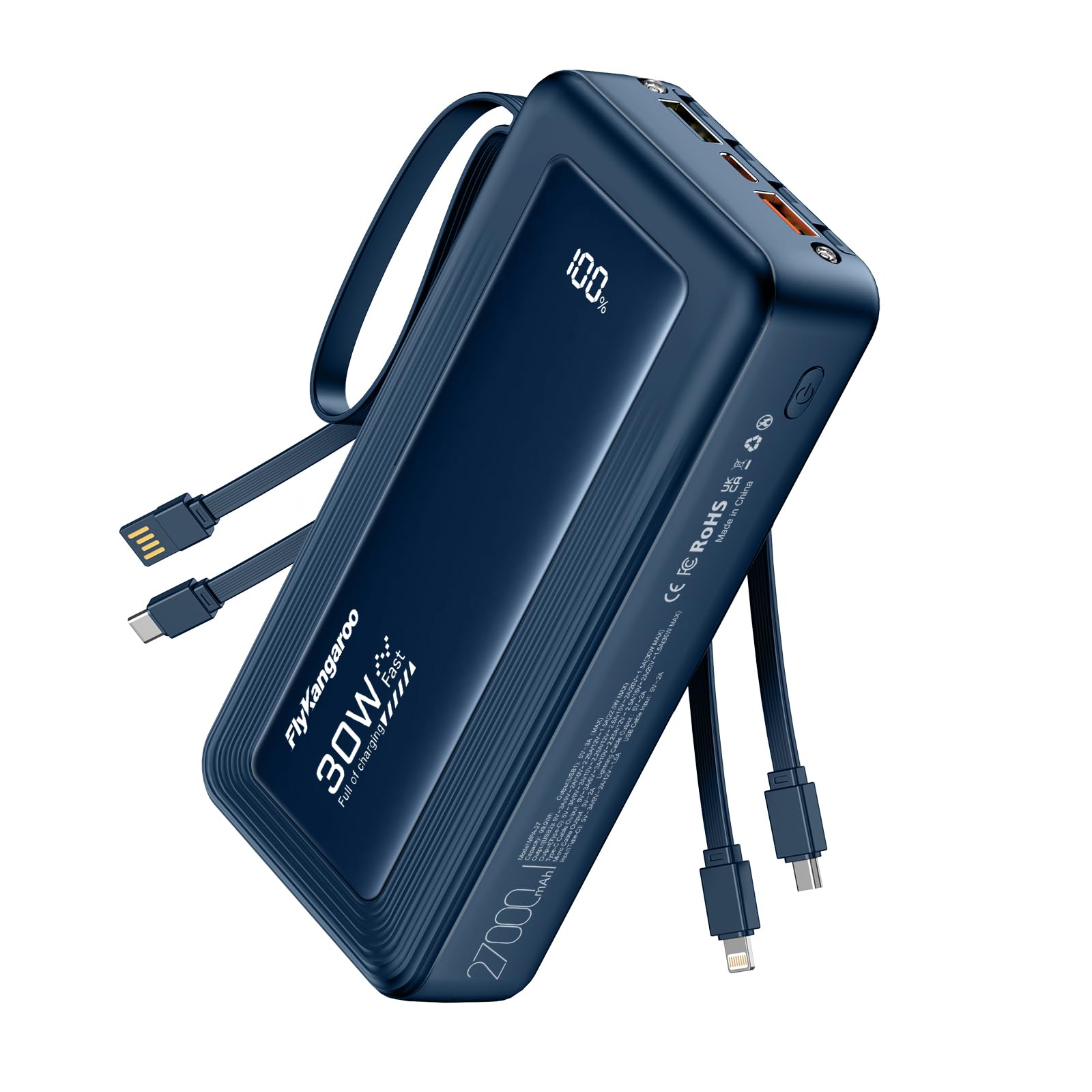 Portable Charger with Built-in Cables 27000mAh Slim 30W Fast Charging Power Bank with LED Display USB C Battery
