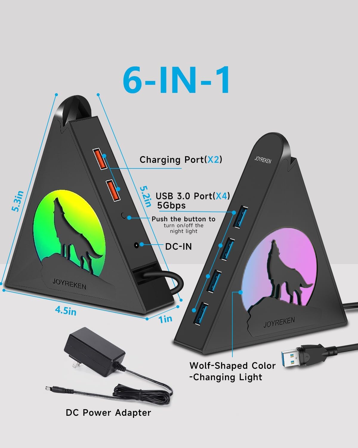 Powered USB Hub 3.0, 6-Port Hub(4 USB 3.0 Data Ports + 2 Smart Charging Ports) with 48W AC Adapter, RGB Light, Base, Compatible with PC, Laptop, Mac, External Hard Drives, PS4, Fast Charging for Phone