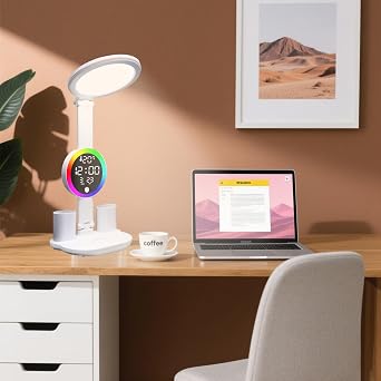 Led Desk Lamp, Desk Lamp with Usb Charging Port, Dimmable 3 Colorful Lights, Adjustable Folding with Clock Date, Pen & Phone Holder, Temperature, Home Office Bedroom Reading Study Work White