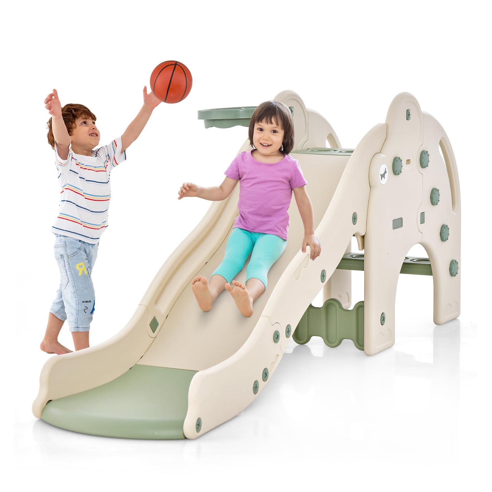 Toboggan enfant éléphant 4 en 1 avec panier de basket vert pour tout-petits