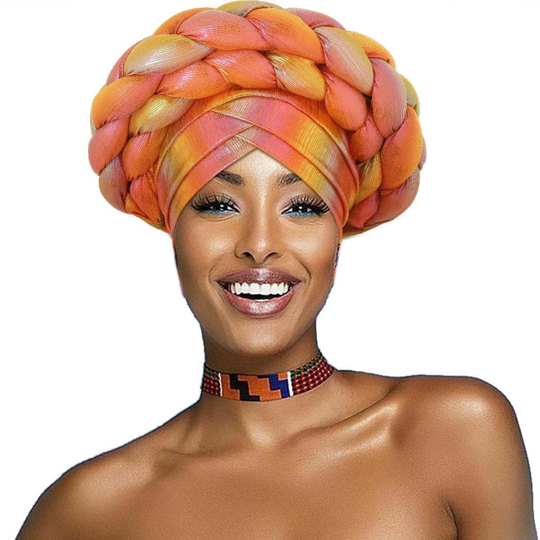 Woeoe Beanie Cap Head Wrap Double Braid Pre-Tied Head Scarf Twisted Stretchy African Head Turban for Women and Girls