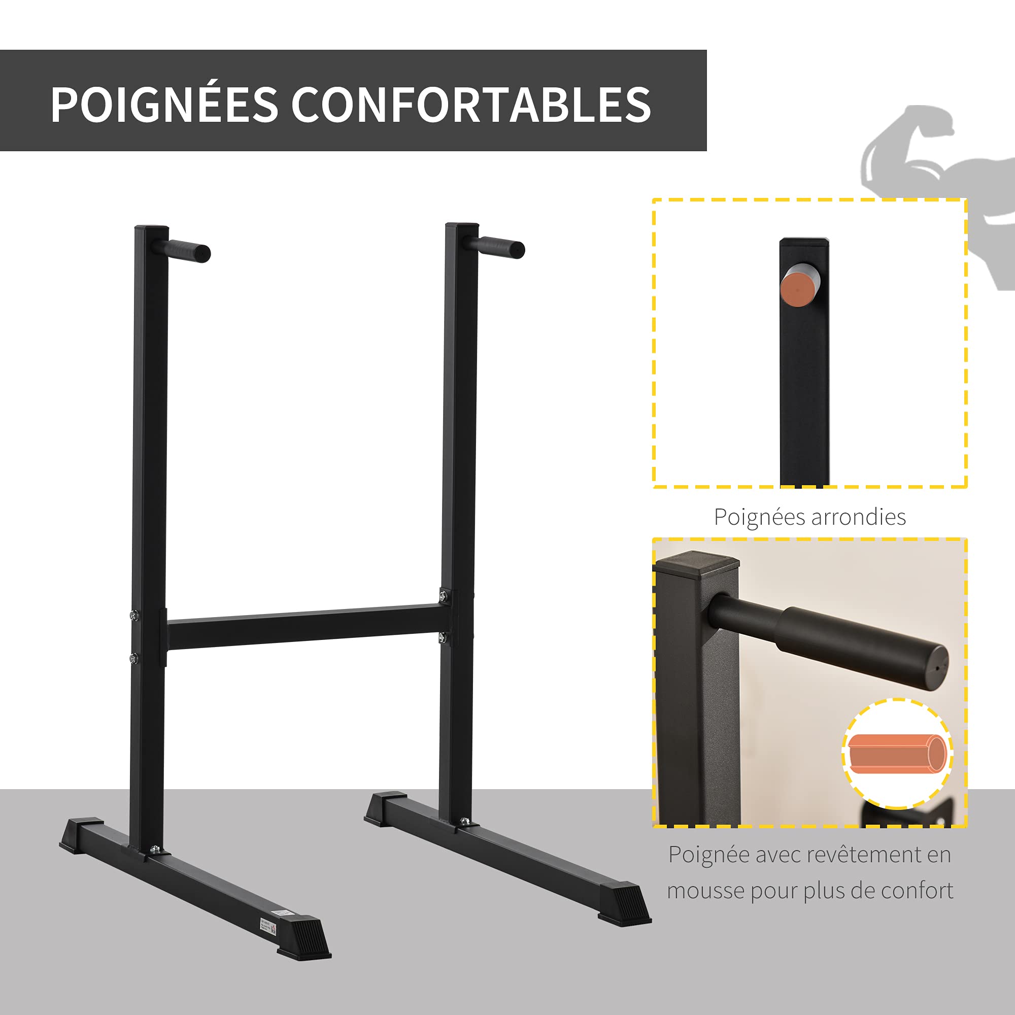 HOMCOM Appareil abdominaux dips barres à dips Fitness poignées ergonomiques et pieds antidérapants acier 104 x 70,5 x 122 cm noir