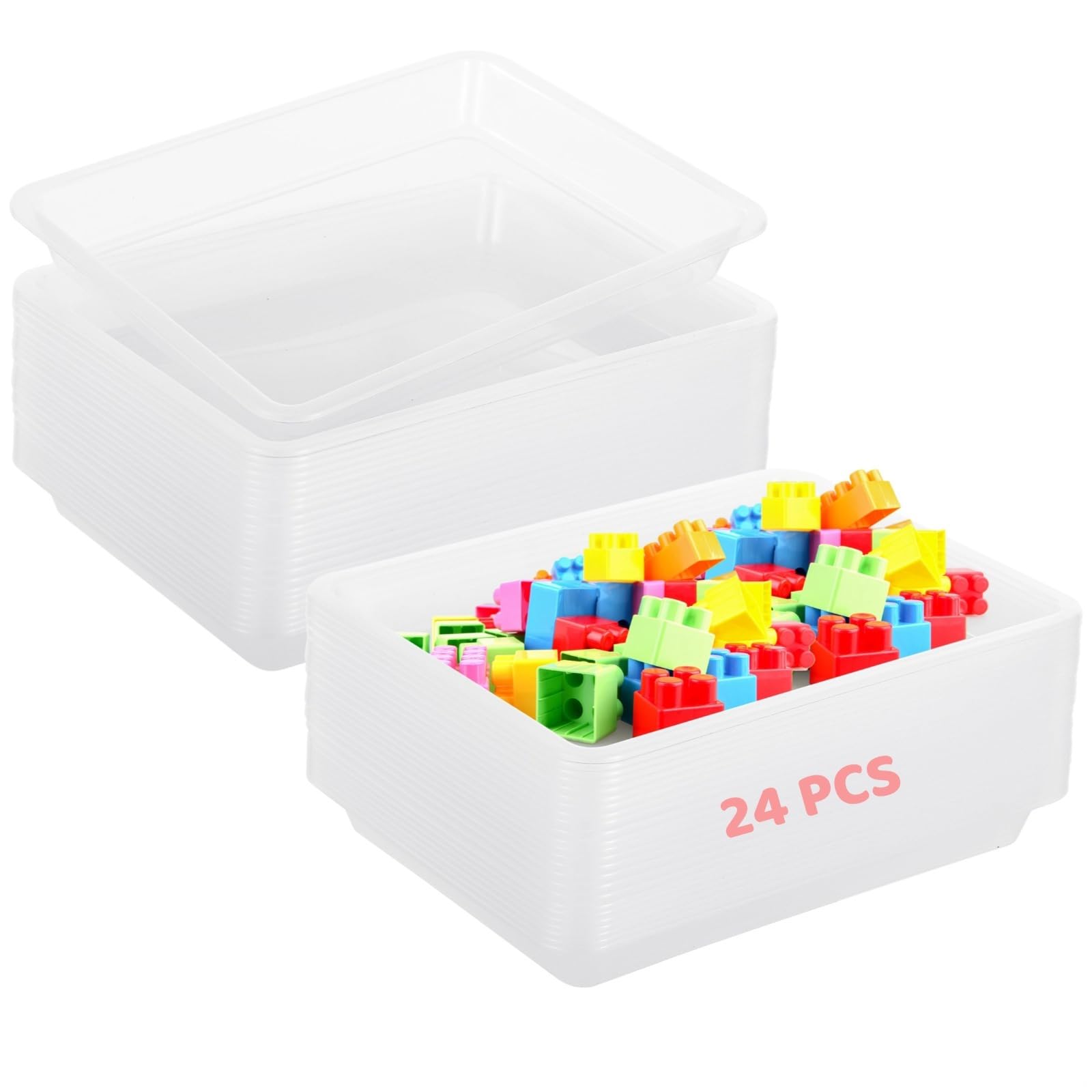 24 przezroczyste plastikowe tace do przechowywania, do majsterkowania, sortowania koralików, malowania i przyborów szkolnych, można układać w stos i organizować, 28 x 20 x 3 cm