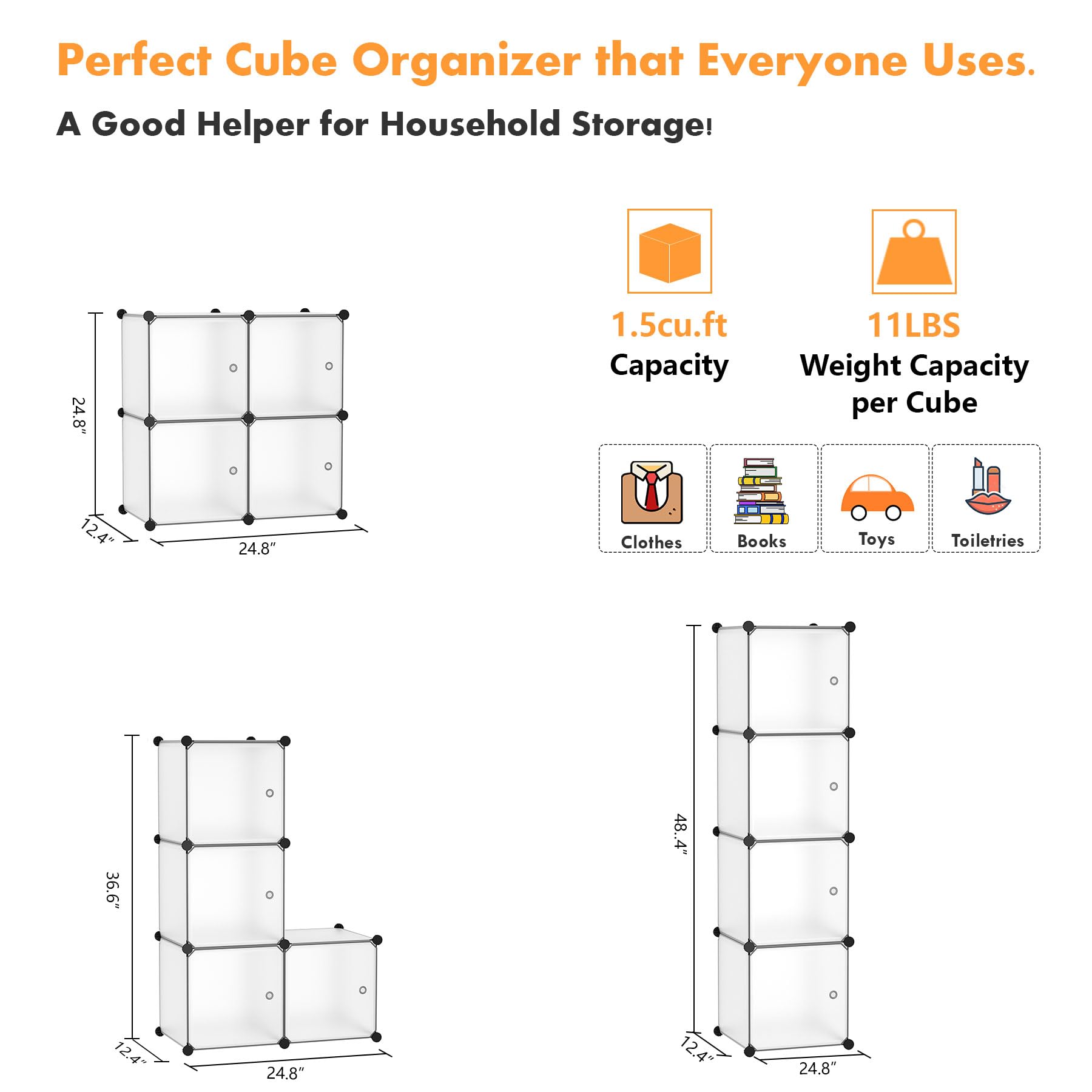 C&AHOME Cube Storage Organizer with Doors, 4-Cube Shelves, Closet Cabinet, DIY Plastic Modular Bookshelf Ideal for Bedroom, Living Room, 24.8" L x 12.4" W x 24.8" H White USHS04W-DOOR