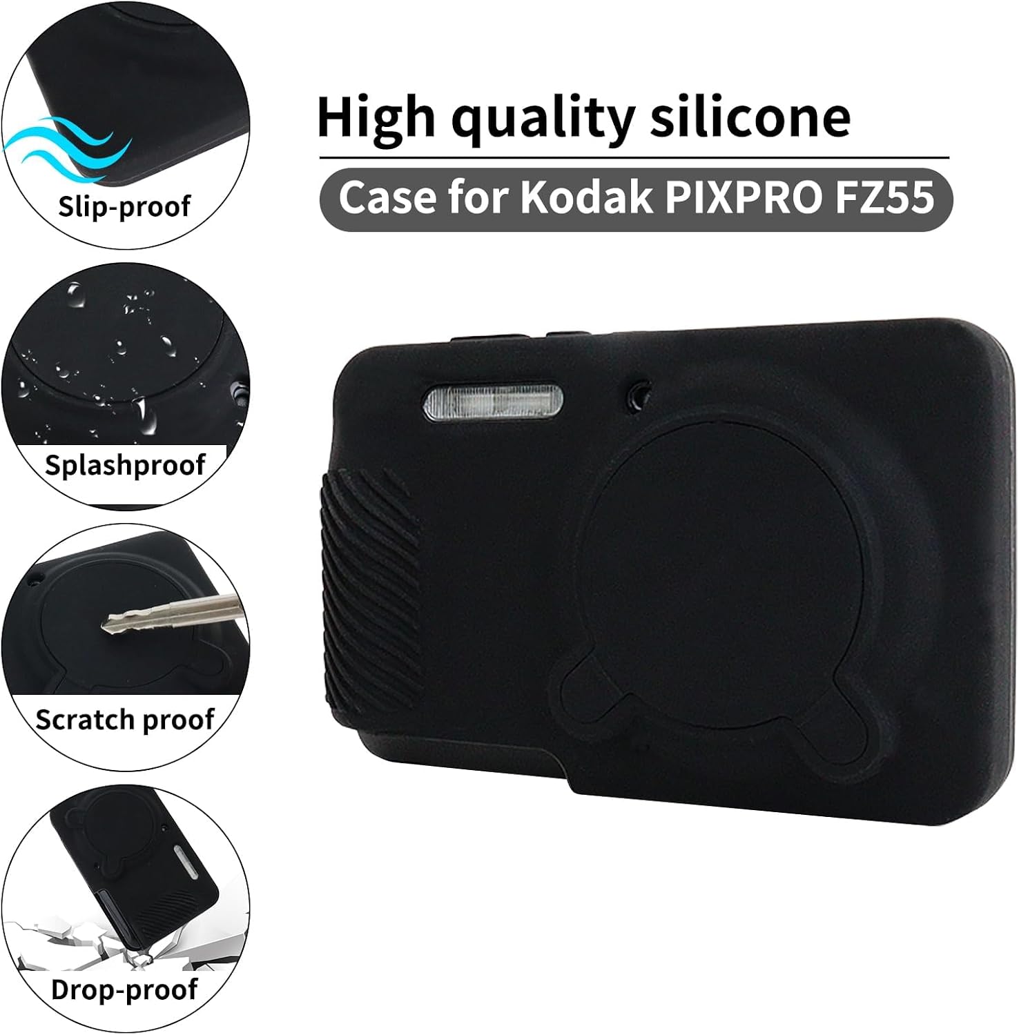 Rieibi Silicone Case for Kodak PIXPRO FZ55 Case, Accessories for Kodak PIXPRO FZ55 Camera Case with 2 Pcs Screen Protectors, Detachable Lens Cover for PIXPRO FZ55 Camera,Black