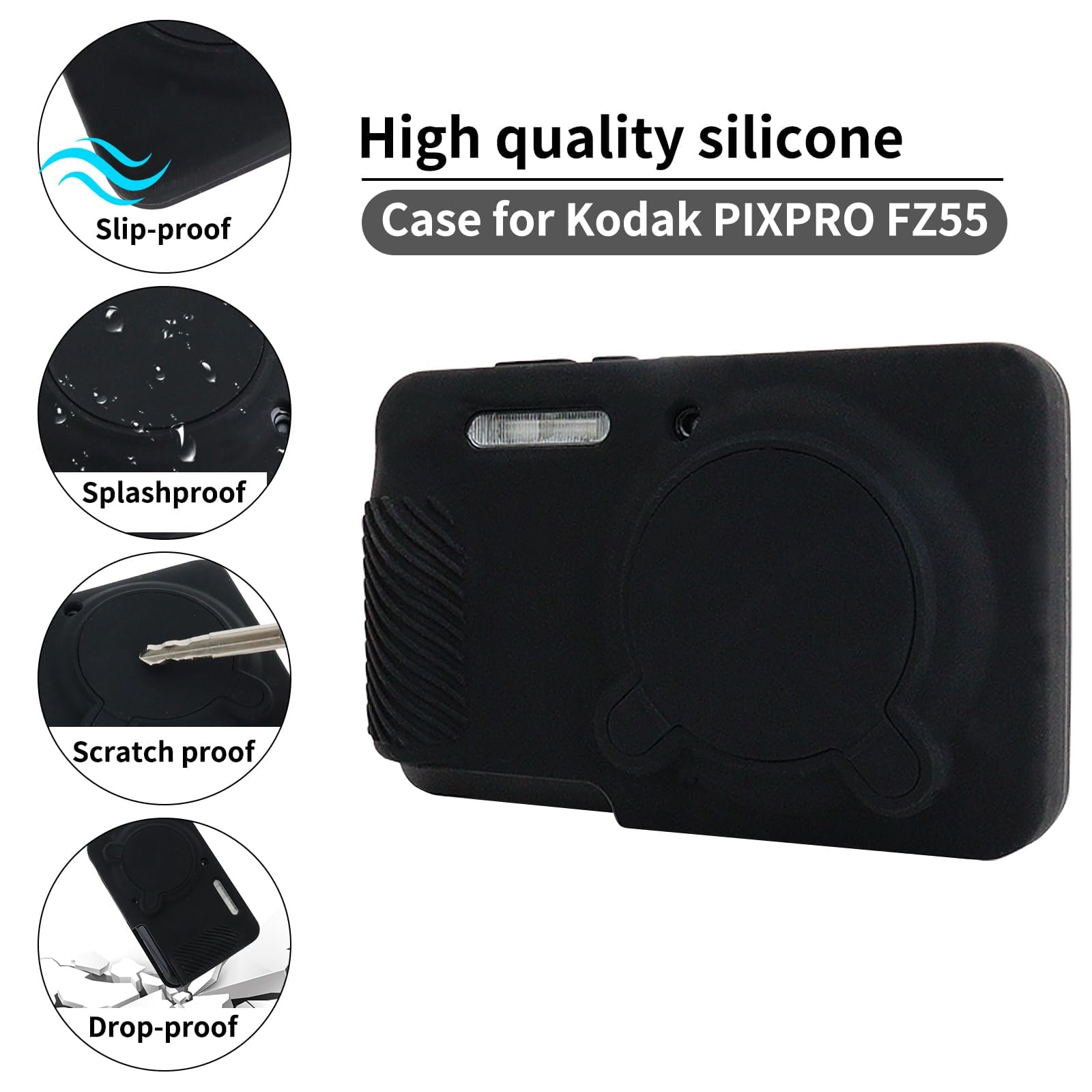 Rieibi Silikonowe etui do aparatu KODAK PIXPRO FZ55, akcesoria do KODAK PIXPRO FZ55 Etui zawiera 2 folie ochronne na ekran, zdejmowaną osłonę obiektywu, antypoślizgowa konstrukcja, czarne