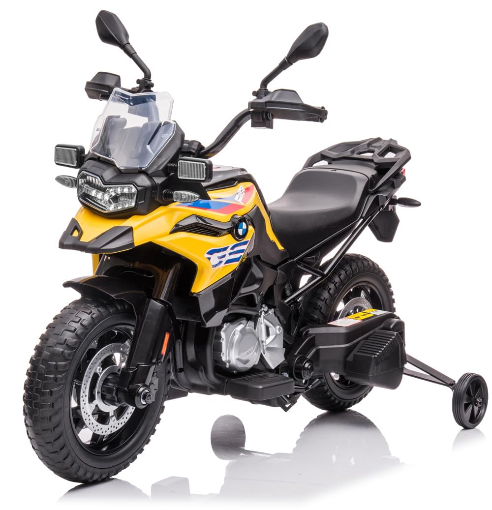 ATAA Elektrisches Motorrad für Kinder BMW GS F850, 12 V, Gelb, mit Rollen aus EVA und LED