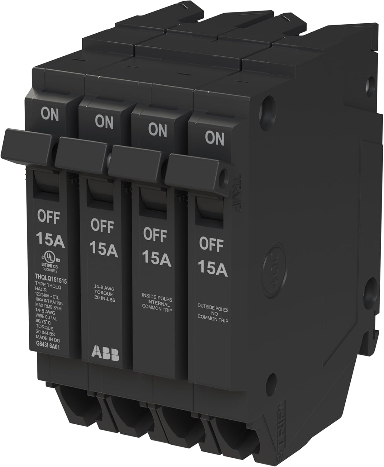 ABB Q-Line® THQLQ151515 Quad Circuit Breaker • 15A/1P, 15A/2P, 15A/1P Configuration • 120/240 VAC • 10 kAIC Interrupt Rating • Thermal Magnetic Plug-On Breaker for Load Centers