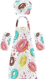 Kids Apron Chef Hat Set for Girls Boys Donut Food Dessert Polka Dot Waterproof with Pockets Painting Cooking 3-6