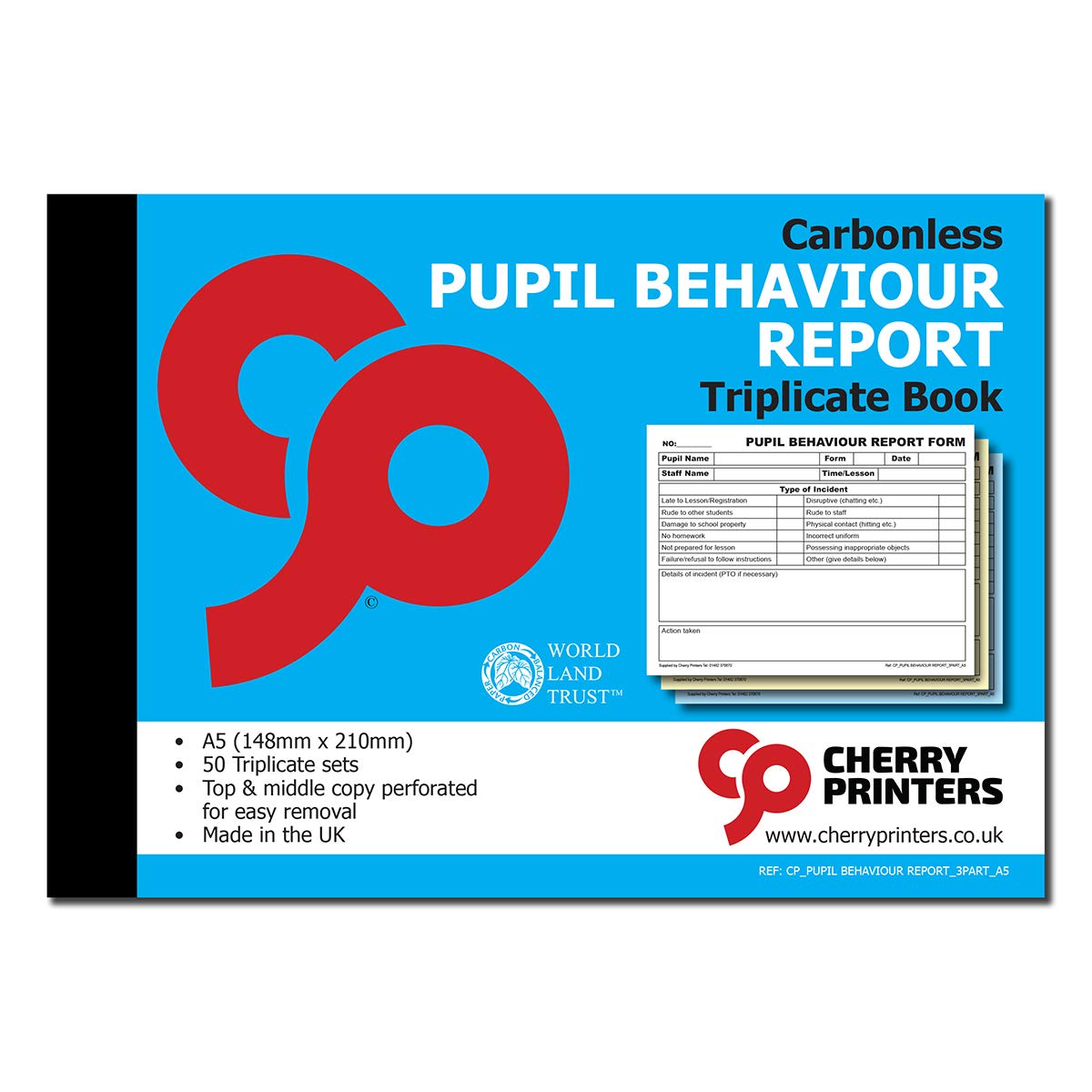 Cherry Printers Carbonless NCR School Pupil Behaviour Report Triplicate Book A5 50 Sets