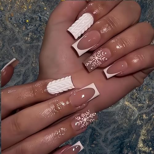 Christmas Long Press on Nails Pink Nude White Design Snowflake