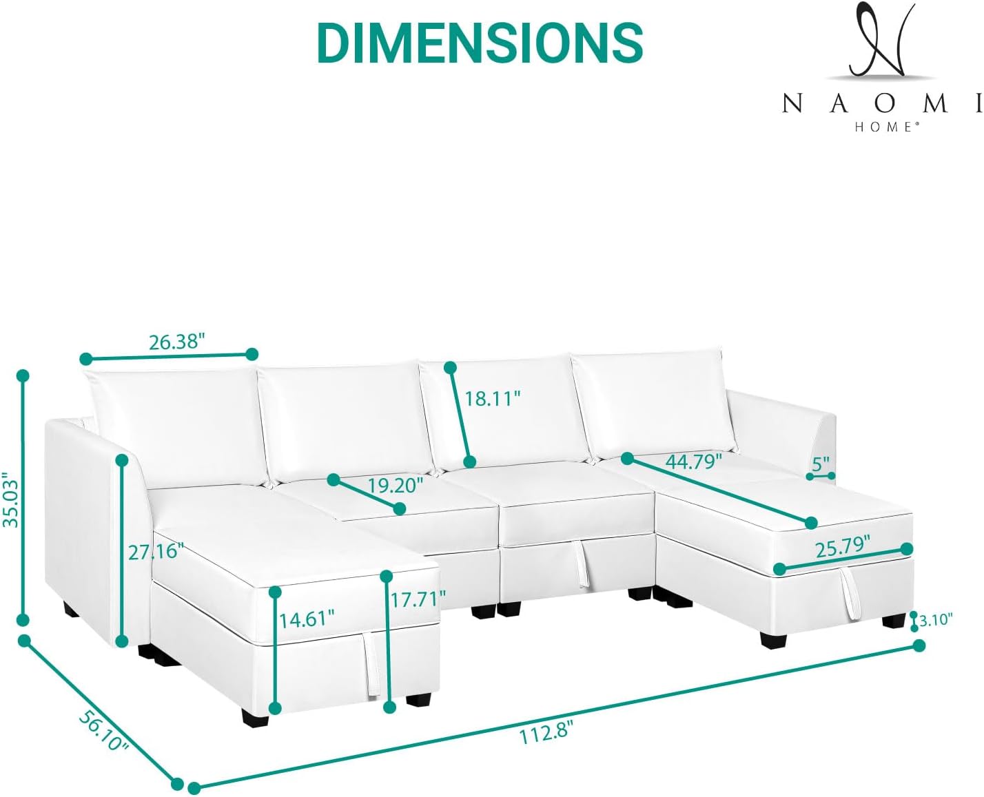 Naomi Home Modular Reversible U-Shaped Sectional Sofa with Double Chaise and Ottomans, Elizabeth Air Leather Couch with Storage Seats, White