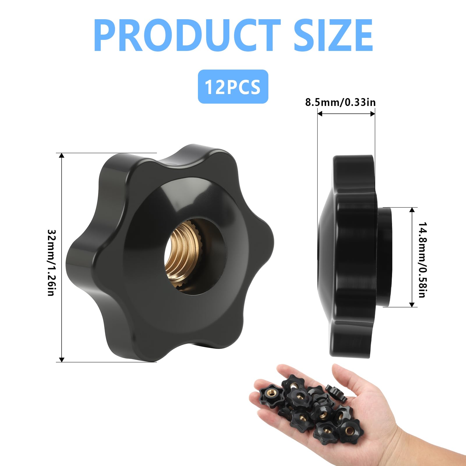 12 bottoni di serraggio M8 × 32 mm – dado a stella M8 – bottone a farfalla in plastica e ottone – fissaggio manuale antiscivolo – per mobili, macchine utensili, apparecchiature elettroniche