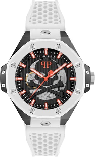 Philipp Plein Plein $keleton Royal Collection Luxury Mens Watch Timepieces with a White Strap Featuring a Black Case and Dial