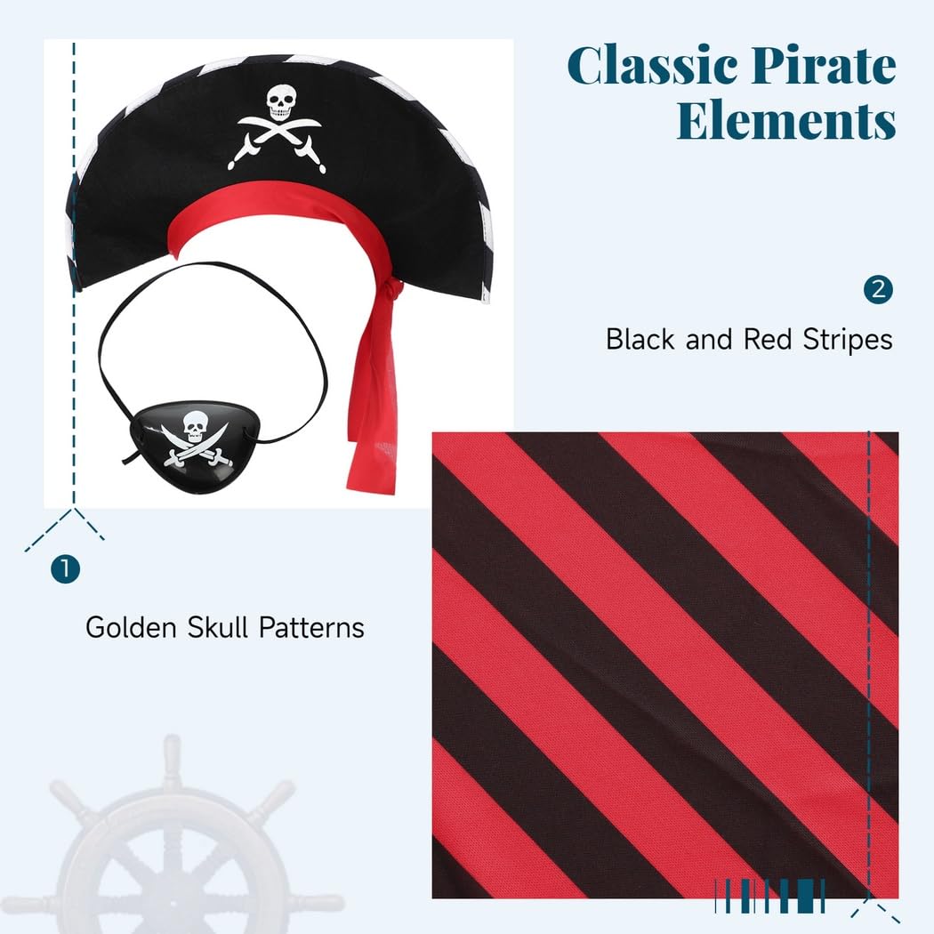Piratenkostüm für Mädchen, Buccaneer-Verkleidungsset für Kinder, Cosplay-Piratenoutfit mit Augenklappe, Hut, Stiefelüberziehern und Accessoires, Rollenspiel-Kostüm