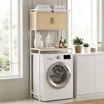 APICIZON Waschmaschinenschrank Waschmaschinenregal mit Handtuchhalter Toilettenregal mit Schrank Verstellbarer Ablage 67   40   165 cm f r Badezimmer K che Balkon Nat rlich & Wei