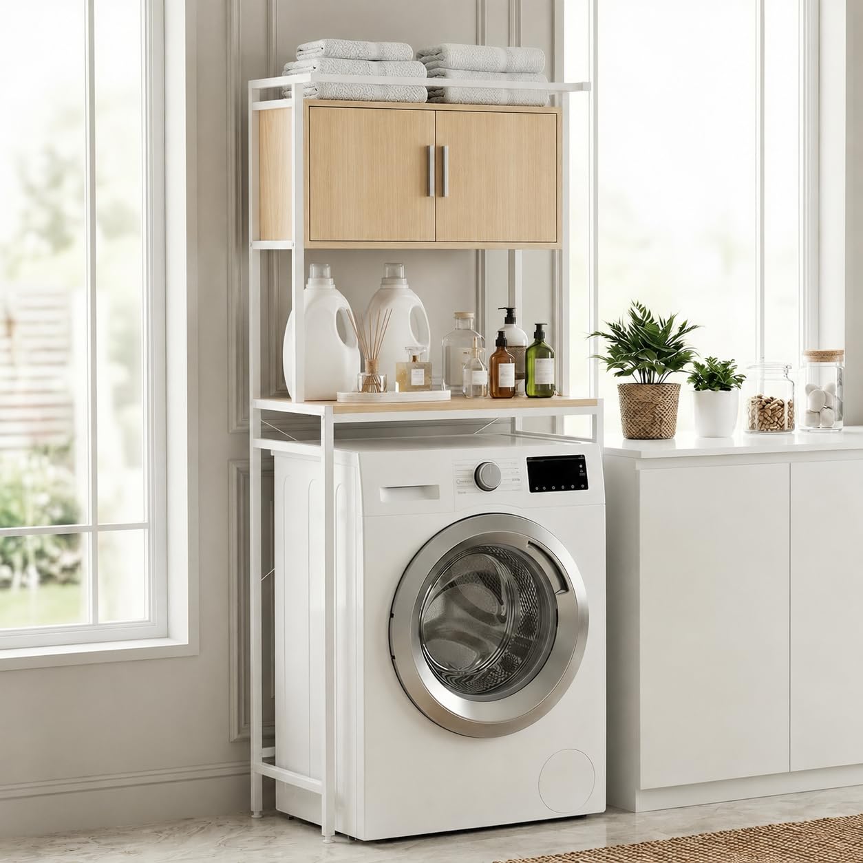 APICIZON Waschmaschinenschrank, Waschmaschinenregal mit Handtuchhalter, Toilettenregal mit Schrank Verstellbarer Ablage, 67 × 40 × 165 cm, für Badezimmer, Küche, Balkon, Natürlich & Weiß