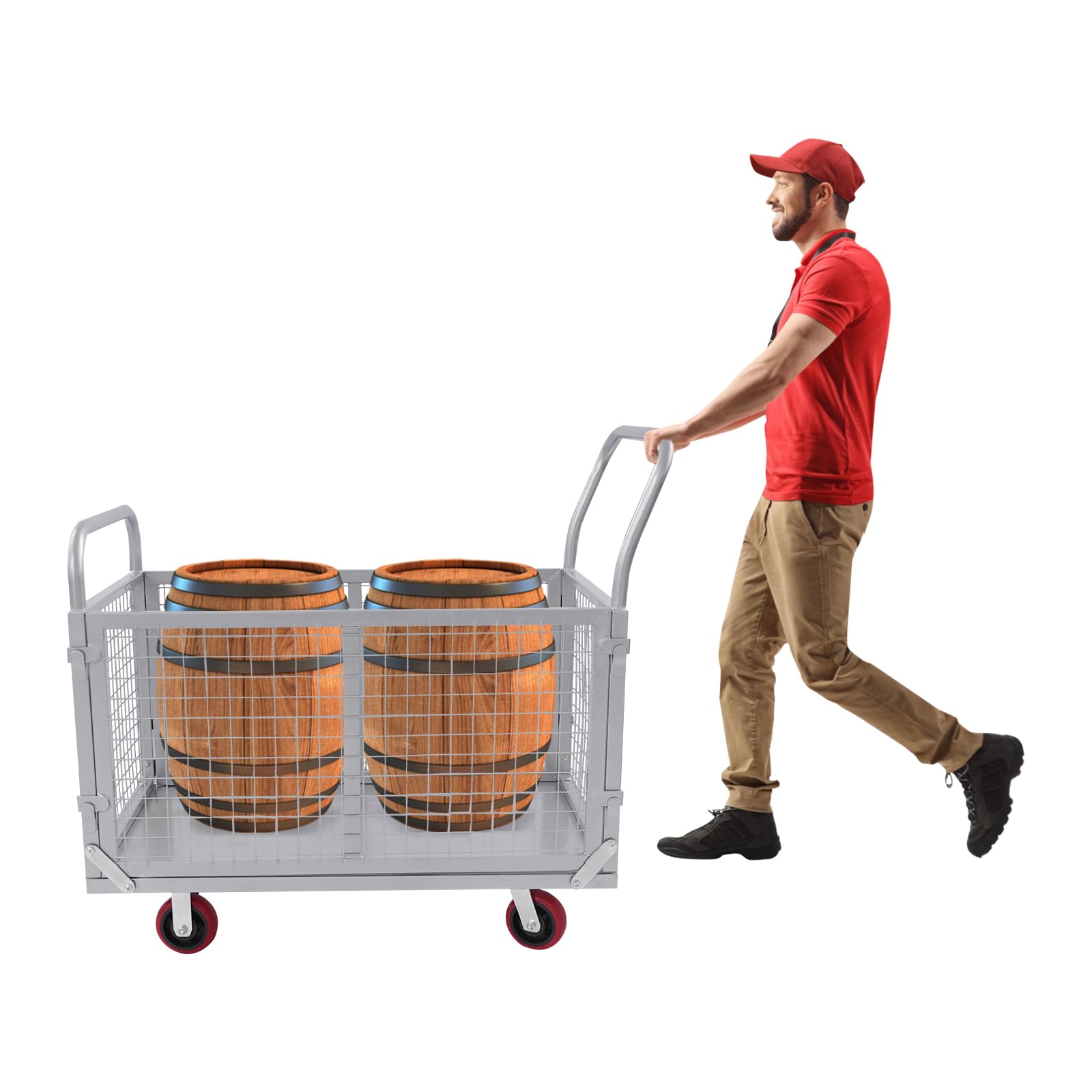 4-in-1 Plattformwagen, 200kg 100x60x94cm Transportwagen, Multifunktionaler Gitterwagen mit Abnehmbare Gitterpaneele, 4 Räder 12,7cm, 2 Lenkbar, für Lager, Supermarkt und Umzug