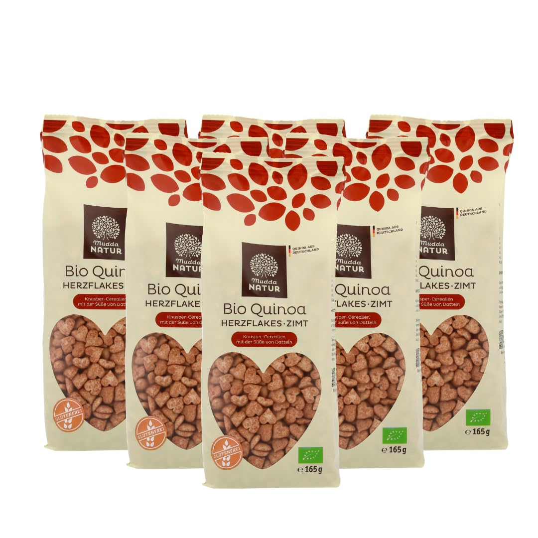 Mudda Natur Bio Vollkorn Quinoa Herzflakes Zimt & Dattel (6x165g) - angebaut in Deutschland - glutenfrei, vegan & mit der Süße von Datteln - perfekt fürs Frühstück, Müsli, Porridge & als Snack