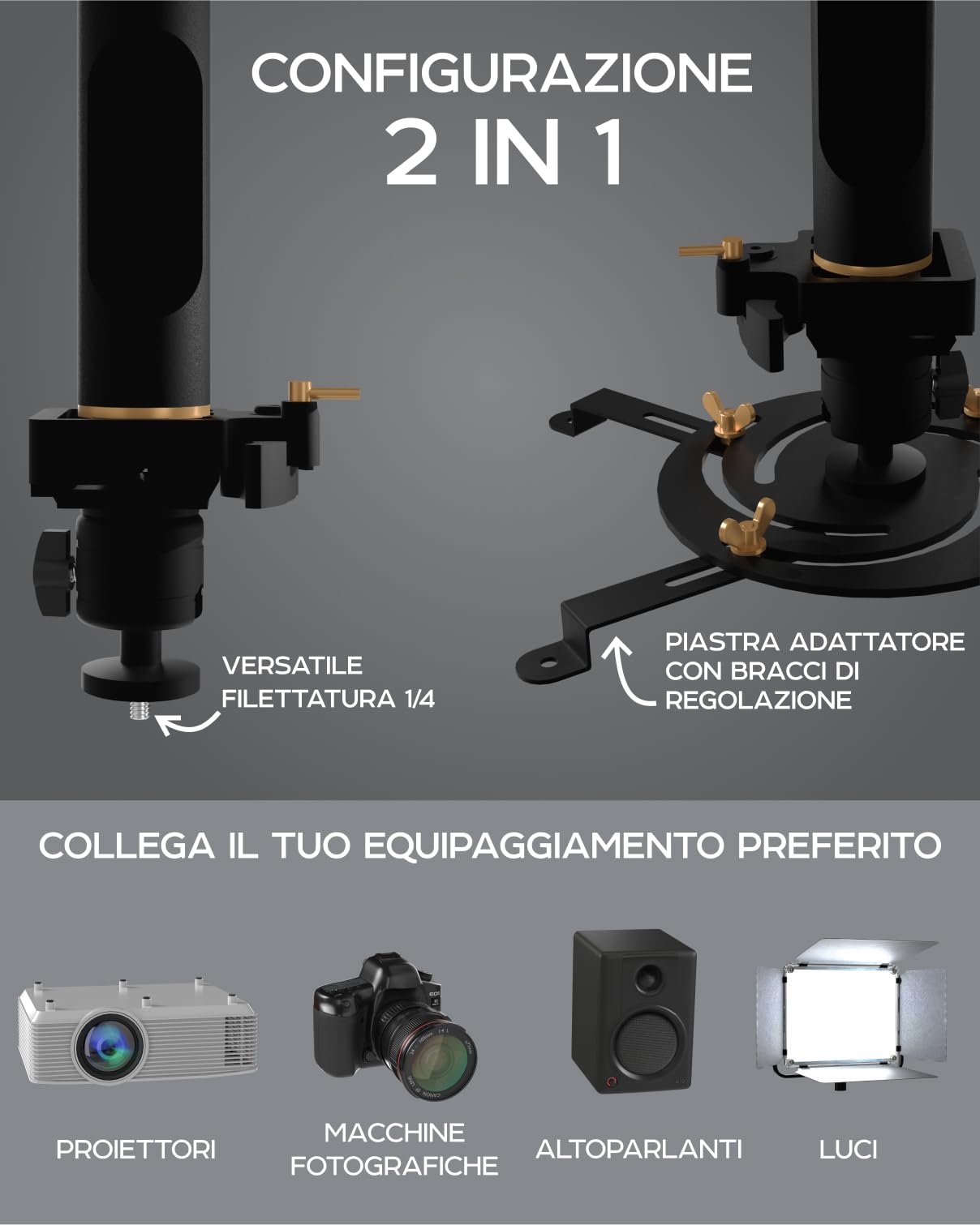 Supporto universale per proiettore PropVue - Supporto regolabile a soffitto o a parete per mini proiettori da ufficio e per la casa - Facile installazione, girevole a 360°, lunghezza da 35 a 53 cm