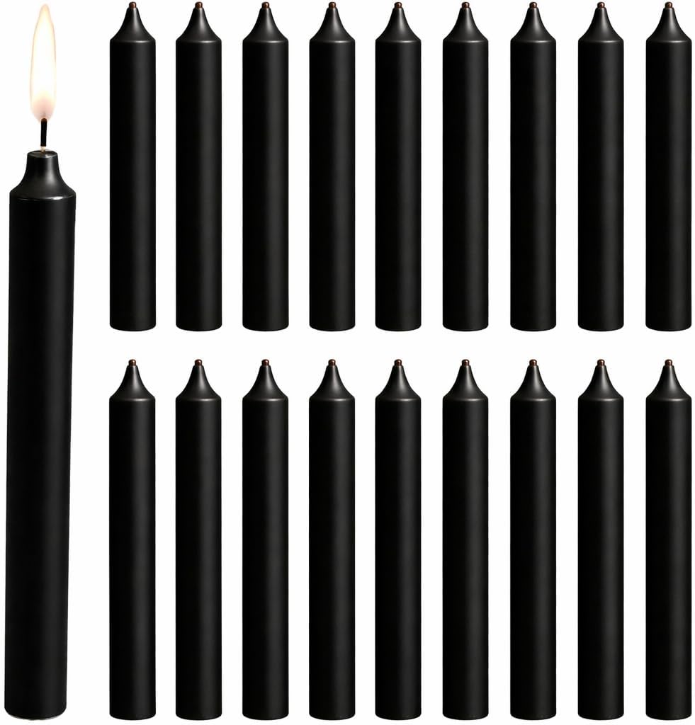 Black Chime Candles (20 Count Box), Unscented Dripless Tapers, 4 Inch Tall 0.5 Inch Diameter, 2 Hour Burn, Thin Sticks for Angel Chime Carousels and Chime Holders