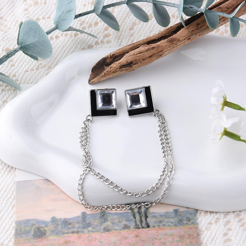 Image of Gem Brooch Pins Hanging Chain Lapel Pin for Men Suits Shirt Collar Brooch Square Crystal Brooch Pin Rhinestone Lapel Pins for Men Tassel Chain Brooch Collar Pins Business Suit Shirt Accessories