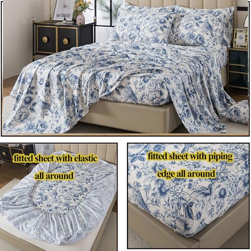 Image of FADFAY Sunflower Bird Sheets Set Cal King 100% Egyptian Cotton Blue Toile de Jouy Bedding Vintage Blue and White Floral Farmhouse Bedding Shabby French Country Sheets Deep Pocket Soft Breathable 4Pcs