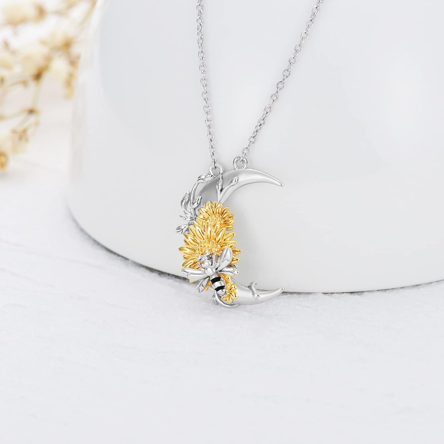 PROESS Sunflower Necklace for Women with Cute Bee and Half Moon Sterling Silver Pendant Jewelry Birthday Anniversary Valentine - Image 5