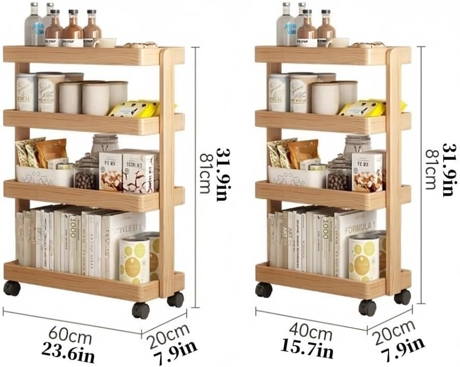 4-Tier Wood Rolling Cart Snack Book Trolley Floor-Standing Mobile Storage Rack for Home Bedroom Living Room Home Office Long Lasting