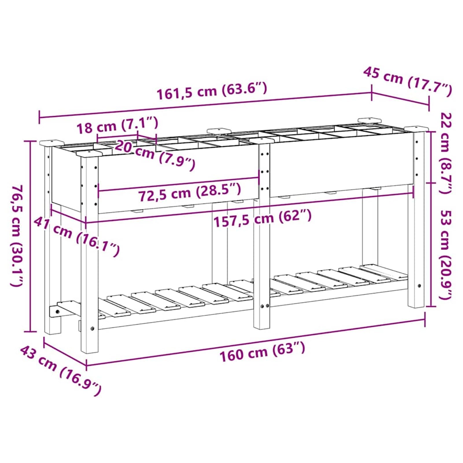Fioriera da giardino con ripiano, in legno massiccio di abete rosso, 161,5 x 45 x 76,5 cm, 1 pezzo, per terrazze e giardini, amanti delle piante