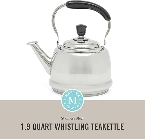 Miniatura 2 de Martha Stewart Kingstree - Hervidor de té grande de acero inoxidable de 2 cuartos de galón, hervidor de té silbante duradero de calibre pesado para