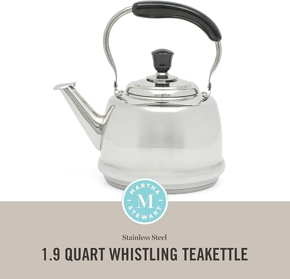 Martha Stewart Kingstree Large 2 Qt Stainless Steel Tea Kettle Heavy Gauge Durable Whistling Tea Kettle for Stove Top, Easy Pour, Classic Design