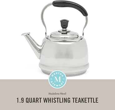 Martha Stewart Kingstree Large 2 Qt Stainless Steel Tea Kettle Heavy Gauge Durable Whistling Tea Kettle for Stove Top, Easy Pour, Classic Design