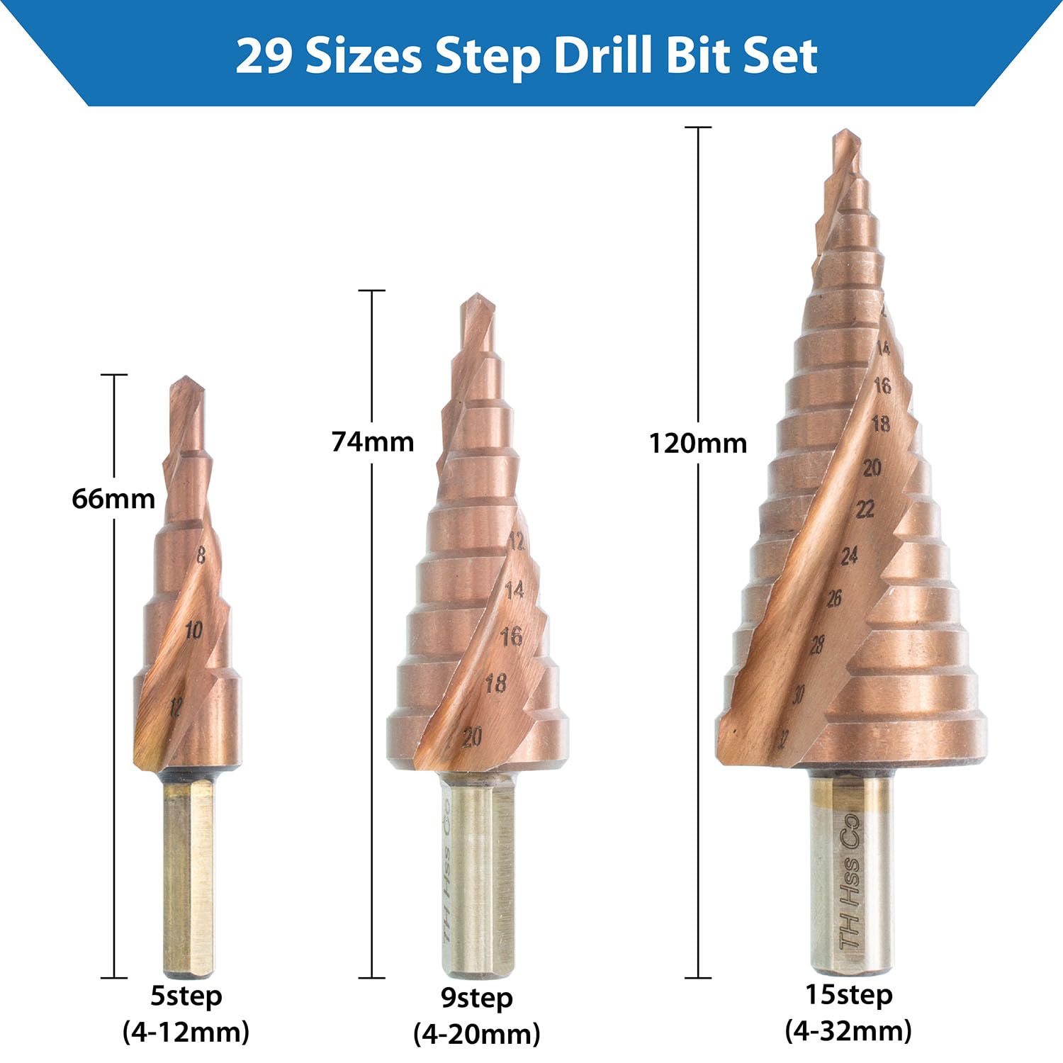 TJR Ensemble de 3 forets étagés HSS-E M35, 29 étapes (4-32 mm) pour perçage rapide dans l'acier inoxydable, l'acier, l'aluminium, le bois et les plastiques.