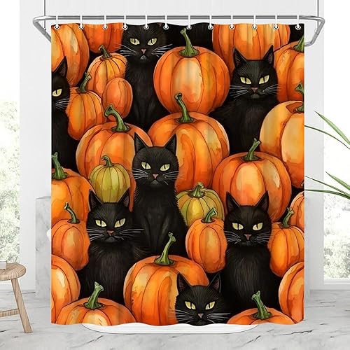 Cortina de ducha de Halloween, el gato negro en la calabaza, otoño, día de Acción de Gracias, cosecha, granja, decoración de baño, cortinas de 70 x