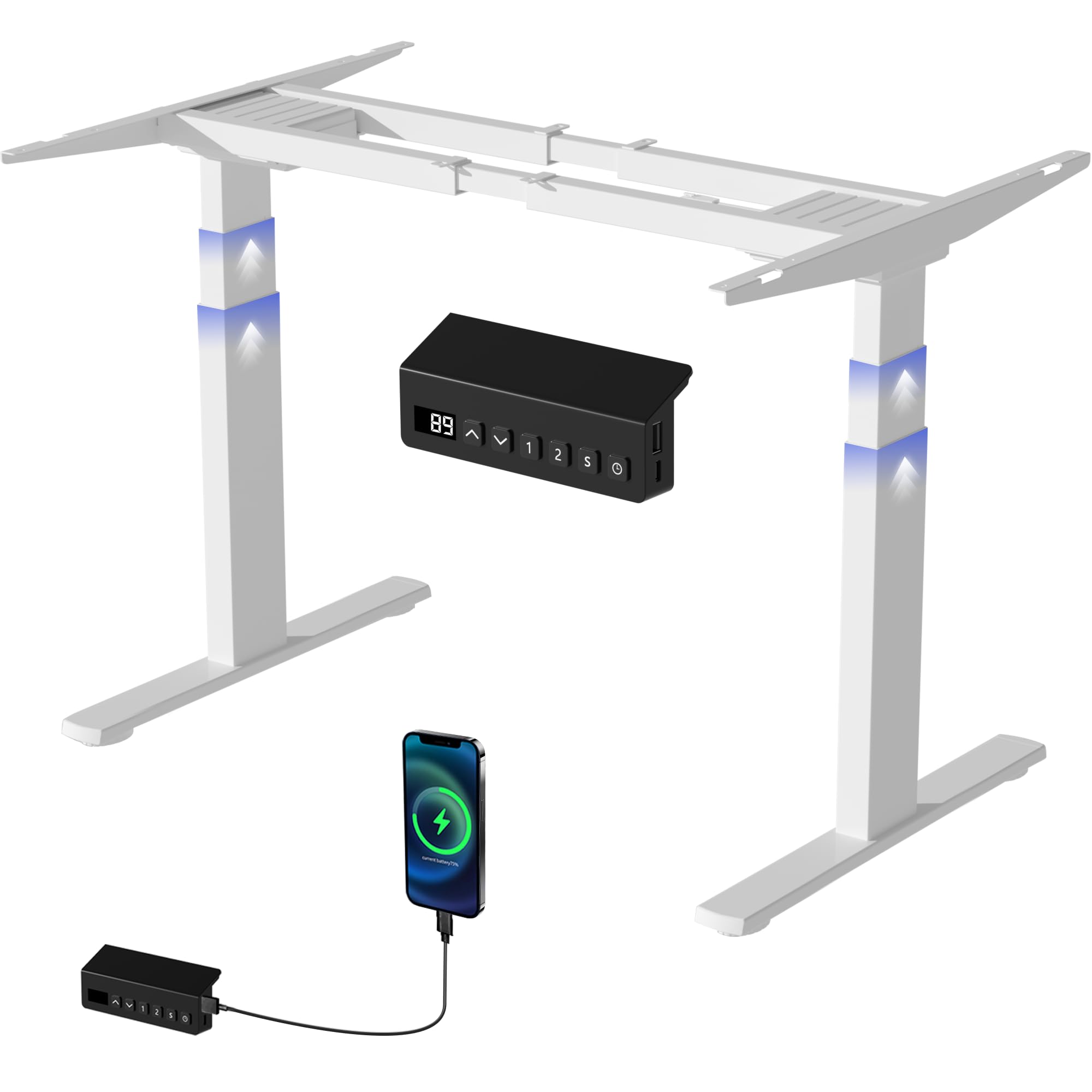 ERGOMAKER Standing Desk Frame with Dual Motor 3-Stage Height Adjustable Electric Desk Frame with Automatic Memory Smart Handset Hooks for Home Office (3 Stage|Dual Motor, White)