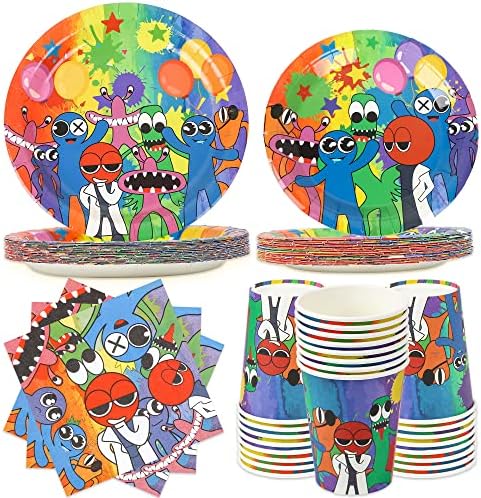 96pcs Rainbow Birthday Party Supplies Video Game Decoration Plates Napkins Cups Cartoon Theme Blue Tableware Set Serves 24