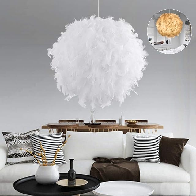 White Feather Light Ceiling Pendant Light Shade, Fluffy Lamp Romantic Droplight Lampshade Morden Elegant Style with E27 Bulb for Living Room Dining Room and Bedroom Decor (Large,40CM)