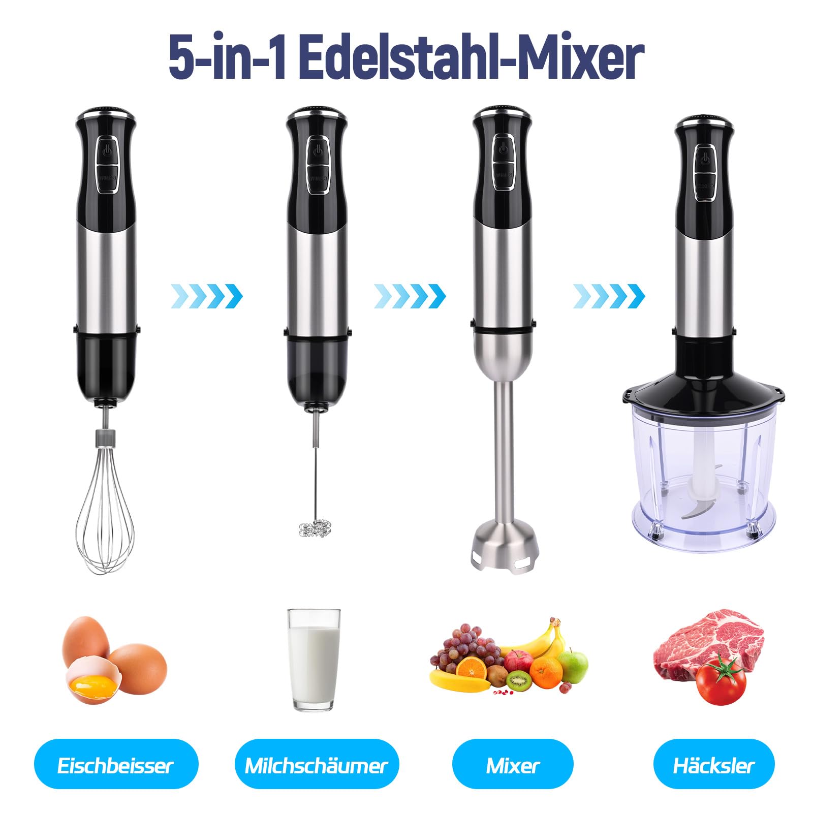 5 in 1 Frullatore a Immersione Multifunzione, 1000 W, 21 marce, con Tritatutto da 800 ml e Misurino da 600 ml, Frusta, Bastone per la schiuma di latte, frullatore, senza BPA
