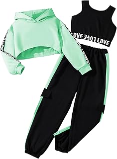 Hilinker Girls Graphic 3 Piece Outfits Workout Hoodie Crop Tank and Sweatpants Set