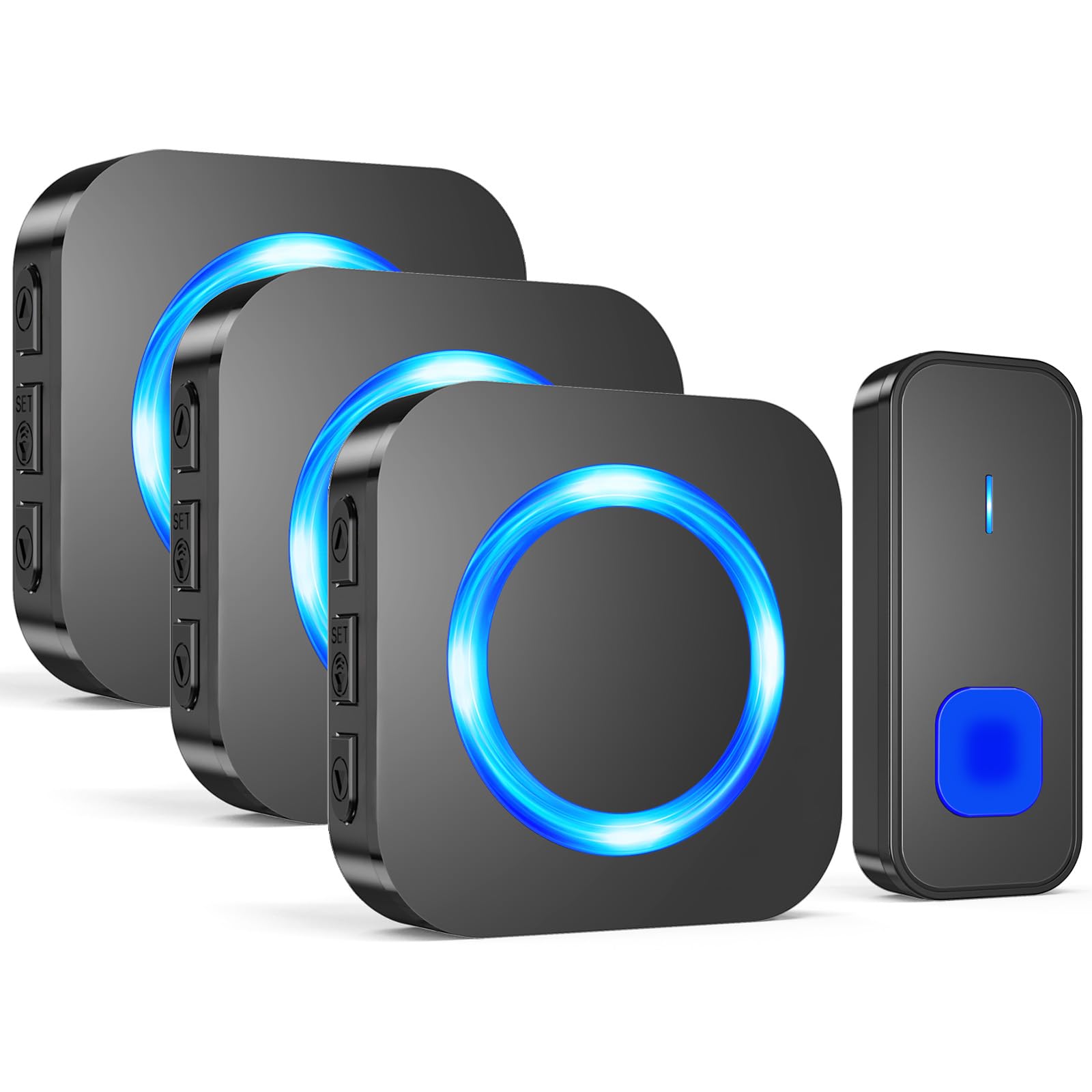 SURFOUWireless Doorbell, Waterproof Cordless Remote Door Bells Chime Battery Operated at 1300ft Range, Doorbells Kit with 1 Push Button 3 Plug-in Receivers with 55 Ringtones 5 Volume LED Flash