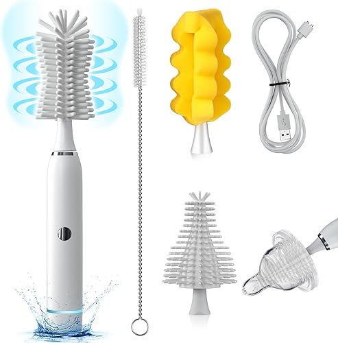 Juego de limpieza de cepillo eléctrico para biberones, limpieza giratoria de 360, viene con cepillo de silicona para botellas, cepillo para pezones,
