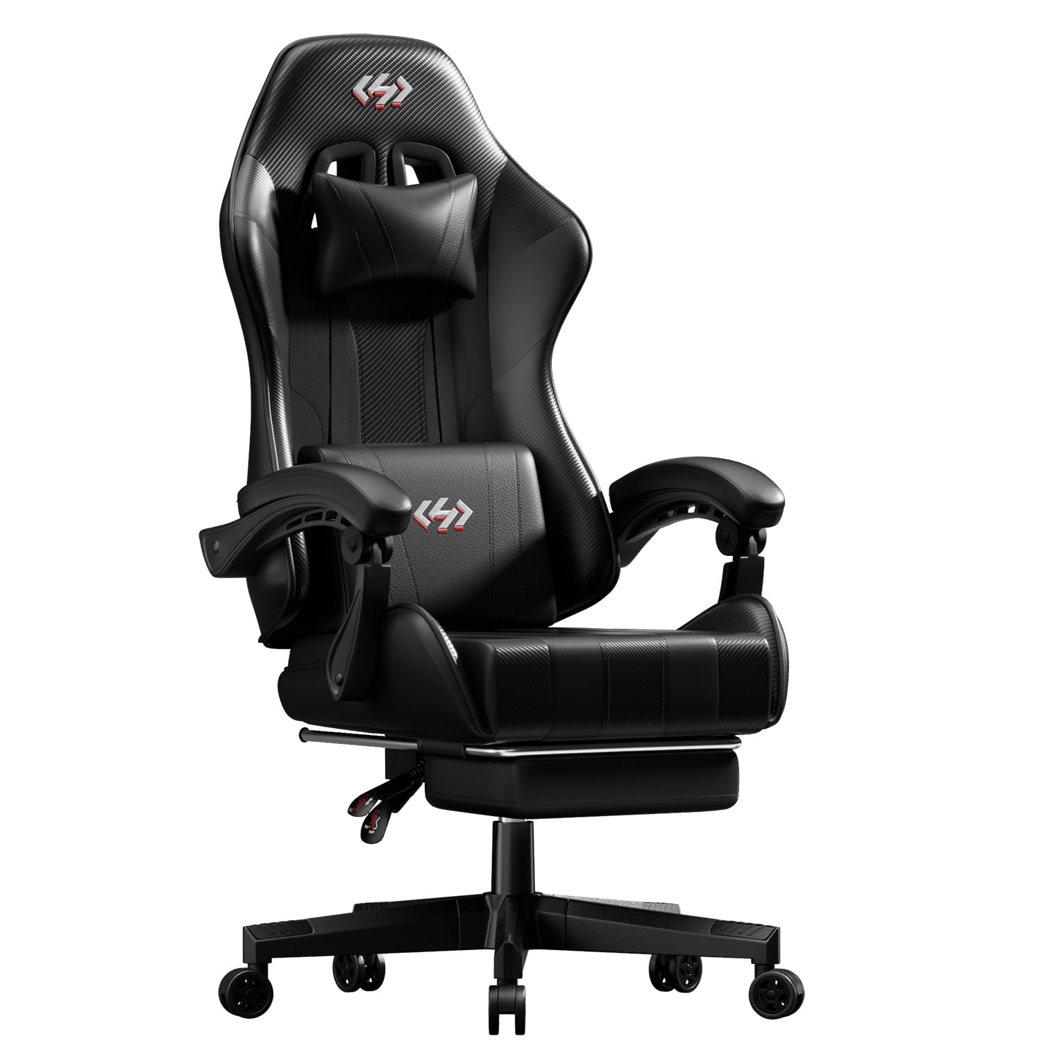 HLFURNIEU Silla Gaming Ergonómica, Silla Gamer con Reposapiés y Soporte Lumbar, Silla Ordenador con Spring Cushion, Sillon Gamer Altura Regulable, Respaldo Ajustable, Cadeira Gaming Negro