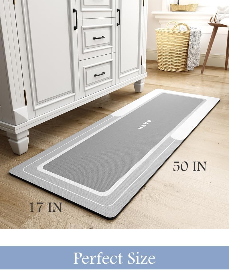 MontVoo-Bath Mat Rug Runner Long Bathroom Mat Non Slip Super Absorbent Stain Resistant Quick Dry Thin Bathroom Rug Fit Under Door-Bath Mats for Bathroom Floor Bathtub Vanity-Bathmat 17"x50" Grey - Image 2