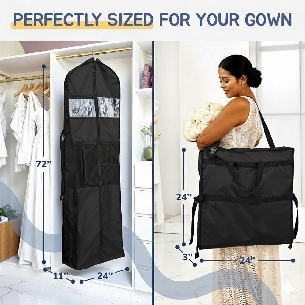 Sturdy Oxford polyester fabric - 72" Wedding Dress Garment Bag - Shoulder Strap - Accessory Pockets - Attaches to Suitcase – Waterproof – Trifold – Designed for Full Skirts – Carry Handle (Black)