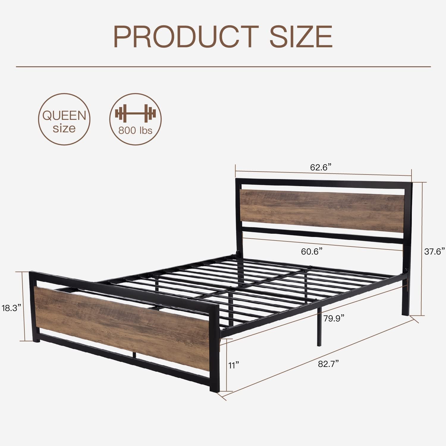 ikalido Queen Metal Platform Bed Frame with Wooden Headboard and Footboard, Heavy Duty Metal Strong Supports, Mattress Foundation, No Box Spring Needed, Easy Assembly, Noise-Free