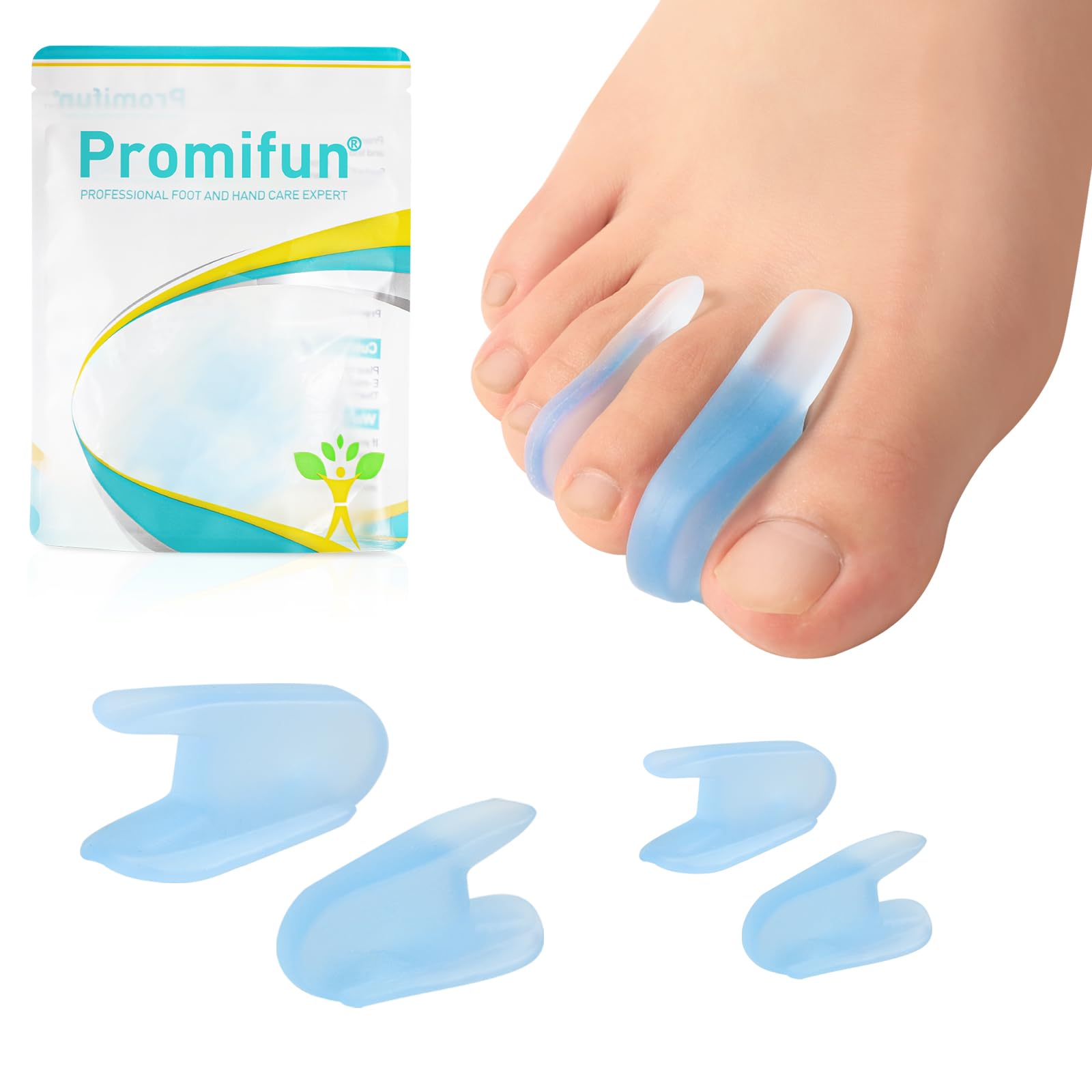 Promifun 12-Pack Gel Toe Separators - Bunion Pads – Toe Spacers for Overlapping Toes Straightening for Men and Women (4L+8S, Transparent Blue)