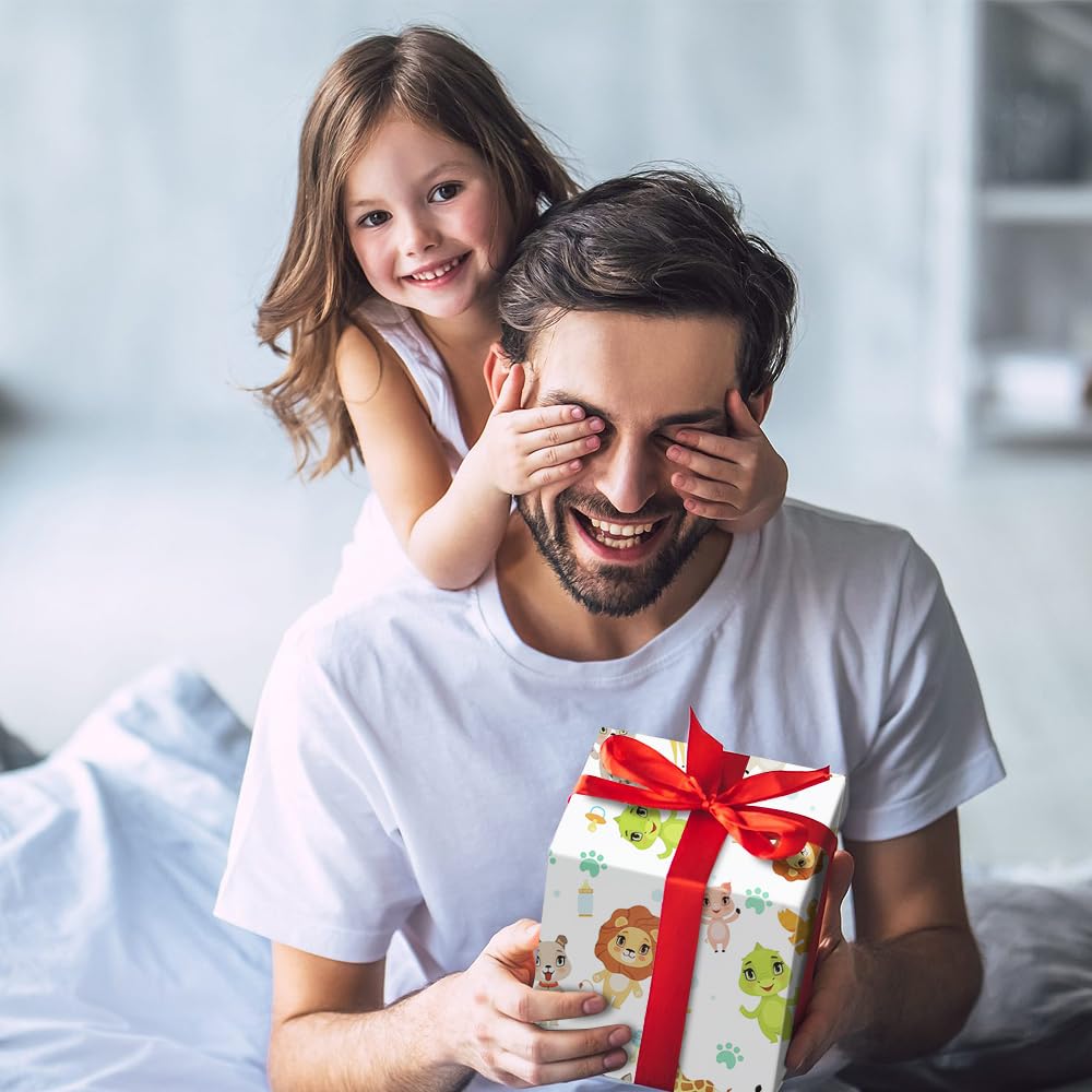 Jungle Animal Wrapping Paper - 4 Sheets With Gold Ribbon For Baby Shower & Kids Birthday Gifts