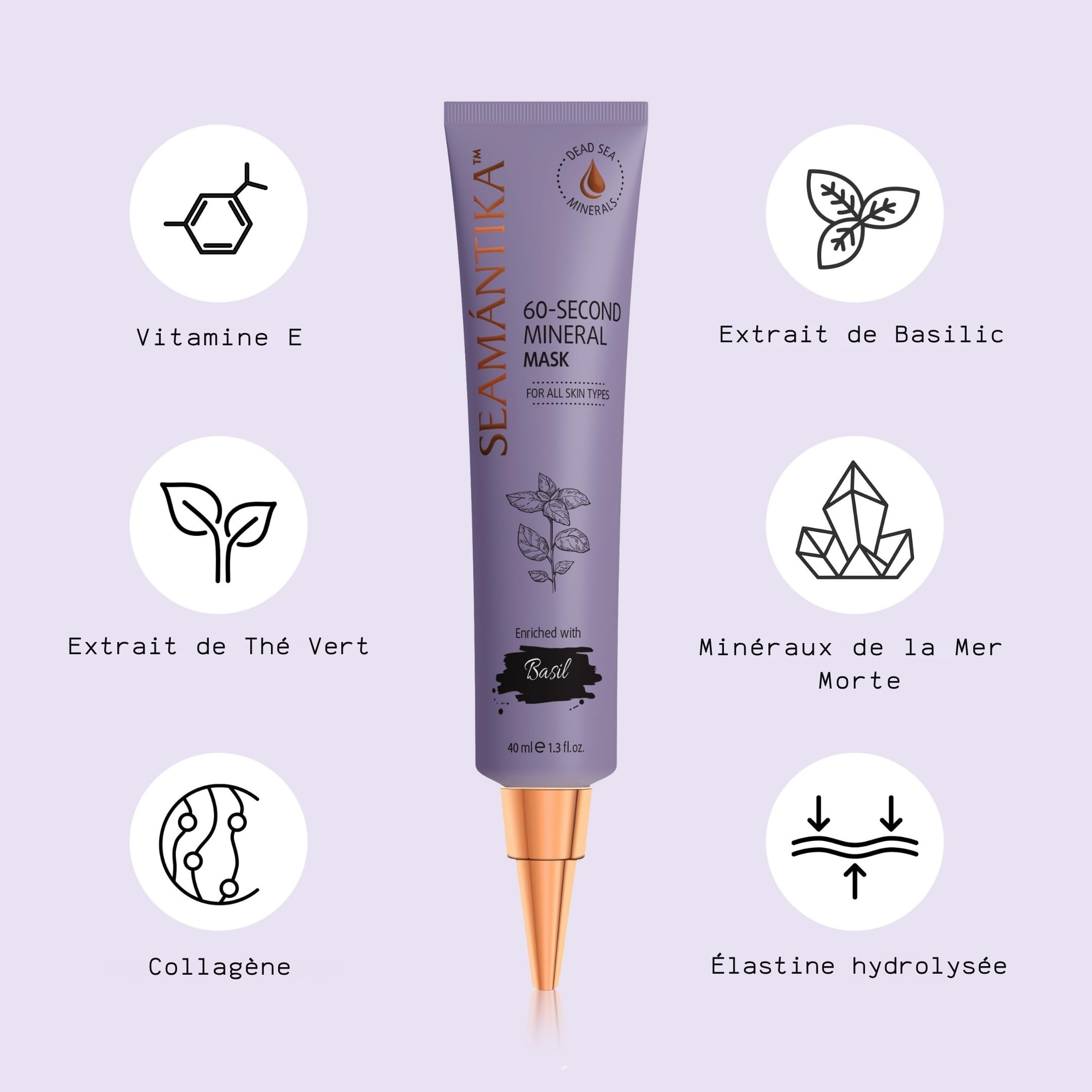 SEAMANTIKA - Masque Visage 60 Secondes au Basilic - 40 ml | Le masque 60 secondes au basilic aide à lisser l'apparence des ridules et à améliorer la texture et l'éclat du teint.